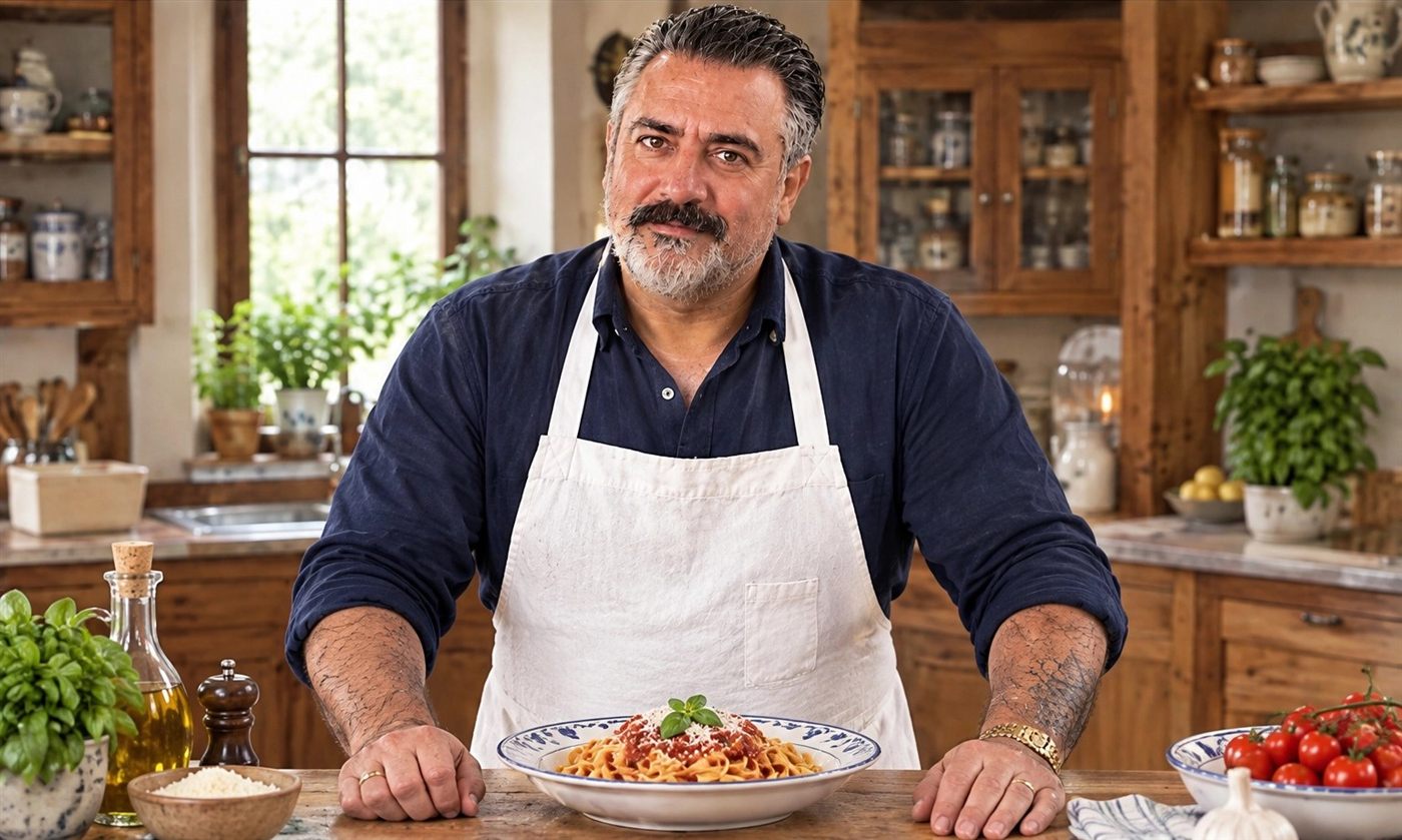 Tony Baressi at his kitchen table with a plate of pasta