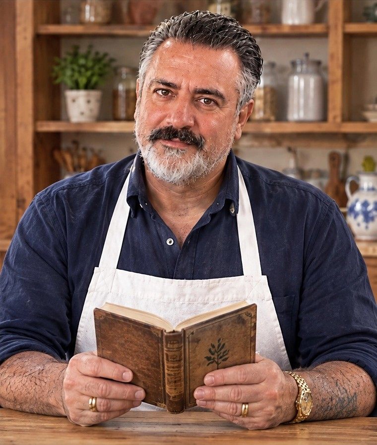 Tony Baressi in his kitchen holding an old recipe book
